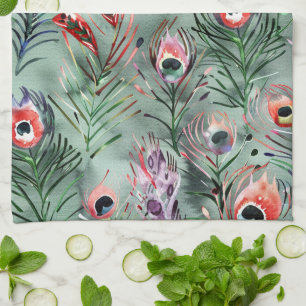 Green Red Peacock Feathers Tea Towel