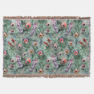 Green Red Peacock Feathers Throw Blanket