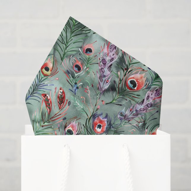 Green Red Peacock Feathers Tissue Paper (Gift Bag)