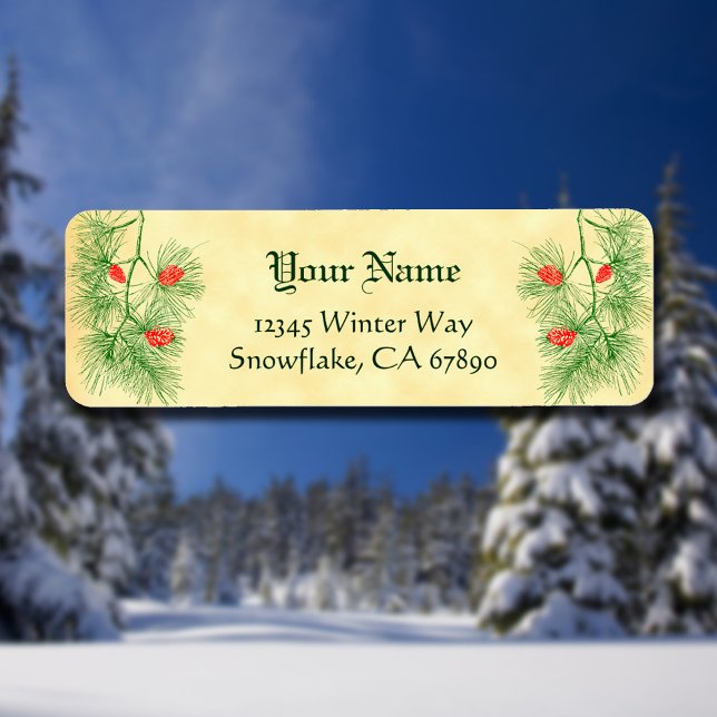 Green Red Pine Editable Holiday Address Labels (Creator Uploaded)