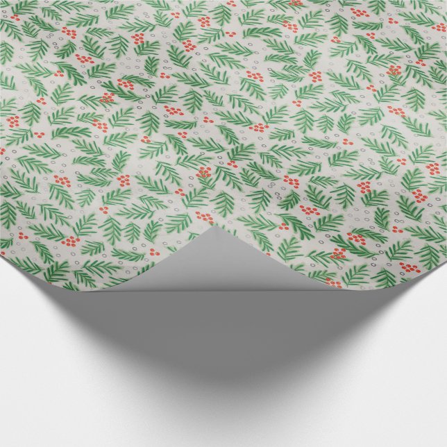 Green Red Pine tree branches and berries CHRISTMAS Wrapping Paper (Corner)