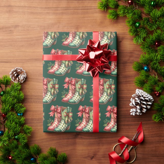 Green Red Plaid Cowboy Boots Western Christmas  Wrapping Paper (Holiday Gift)