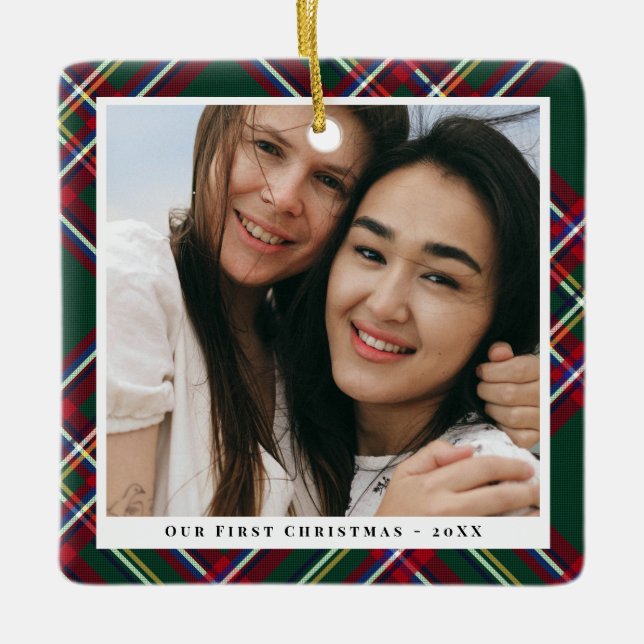 Green Red Plaid First Christmas Together Photo Ceramic Ornament (Front)