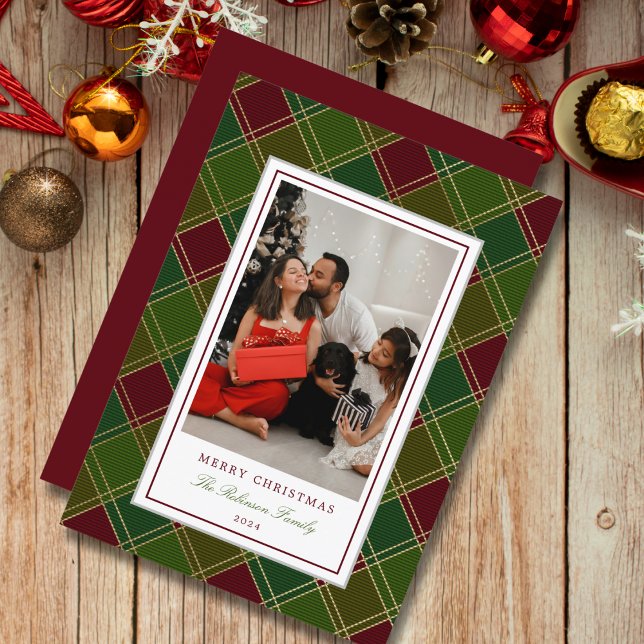 Green Red Plaid Frame Merry Christmas Holiday Card (Creator Uploaded)