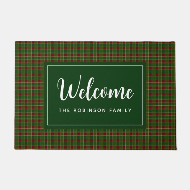 Green Red Plaid Personalised Monogram Welcome Doormat (Front)