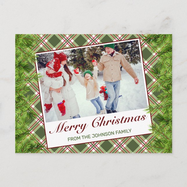 Green Red Plaid Photo Merry Christmas Greeting Announcement Postcard (Front)