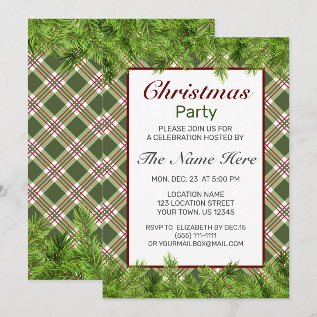 Green Red Plaid & Pine Branch Christmas Party Invitation (Front/Back)