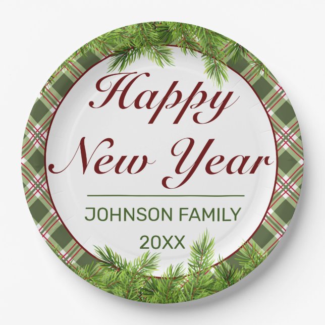 Green Red Plaid & Pine Branch Happy New Year Paper Plate (Front)