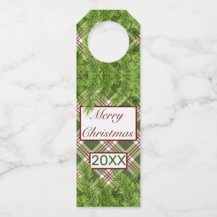 Green Red Plaid & Pine Branch Merry Christmas Bottle Tag
