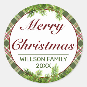 Green Red Plaid & Pine Branch Merry Christmas Classic Round Sticker