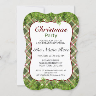 Green Red Plaid Pine Branch Merry Christmas Party Invitation