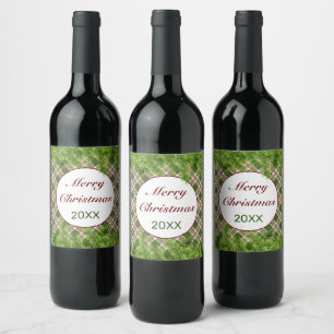 Green Red Plaid & Pine Branch Merry Christmas Wine Label