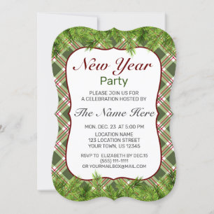 Green Red Plaid & Pine Branch New Year Party Invitation
