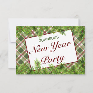 Green Red Plaid & Pine Branch New Year Party RSVP Card