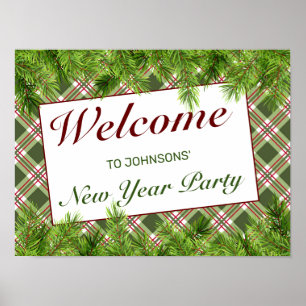 Green Red Plaid & Pine Branch New Year Sign
