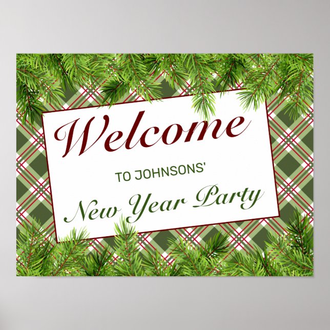 Green Red Plaid & Pine Branch New Year Sign (Front)