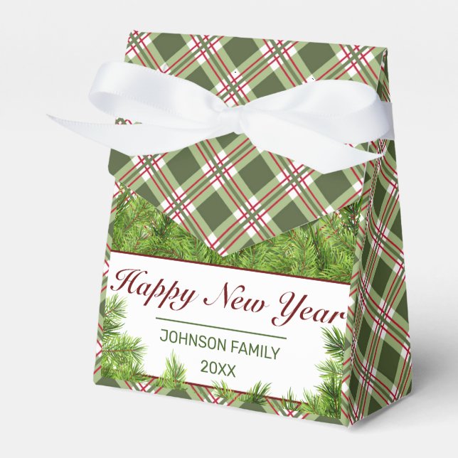 Green Red Plaid & PineHappy New Year Snowflake Favour Box (Front Side)