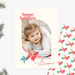 Green & Red Plaid Tied With Bow Family Photo Holiday Card