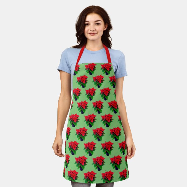 Green & Red Poinsettia Pot Plant Pattern on Green Apron (Worn)