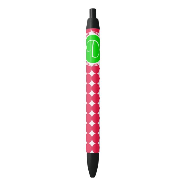 Green & Red Polka Dot Monogram Black Ink Pen (Front Vertical)