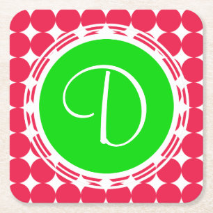 Green & Red Polka Dot Monogram Square Paper Coaster