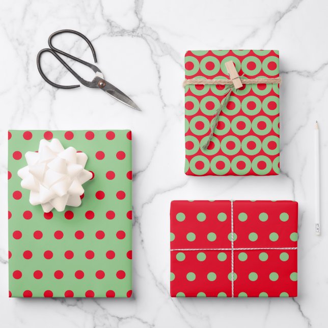 Green Red Polka Dots Minimal Simple Wrapping Paper Sheet (Front)