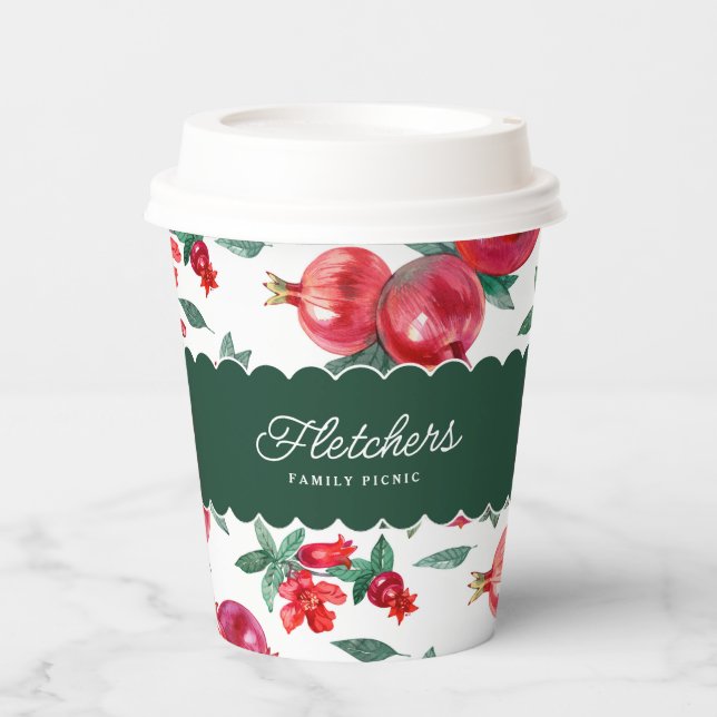 Green & Red Pomegranate Botanical Customisable Paper Cups (Front)