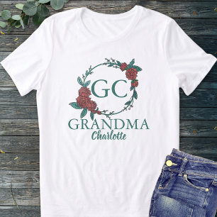 Green & Red Rose Floral Monogram Name Grandma Tri-Blend Shirt