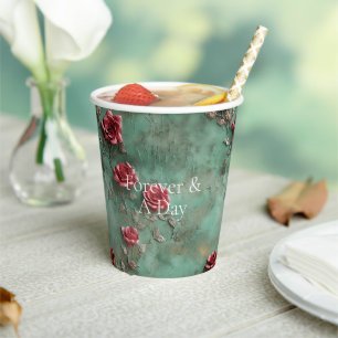 Green Red Roses Floral Paper Cups