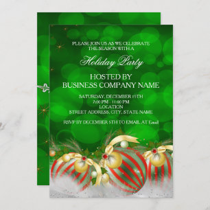 Green Red Silver Gold Holly Baubles Holiday Party Invitation