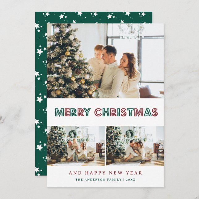 Green Red Snow Stars Modern Photo Collage Holiday Card (Front/Back)