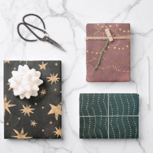 Green & Red Stars & Fairy Lights Designs Wrapping Paper Sheet