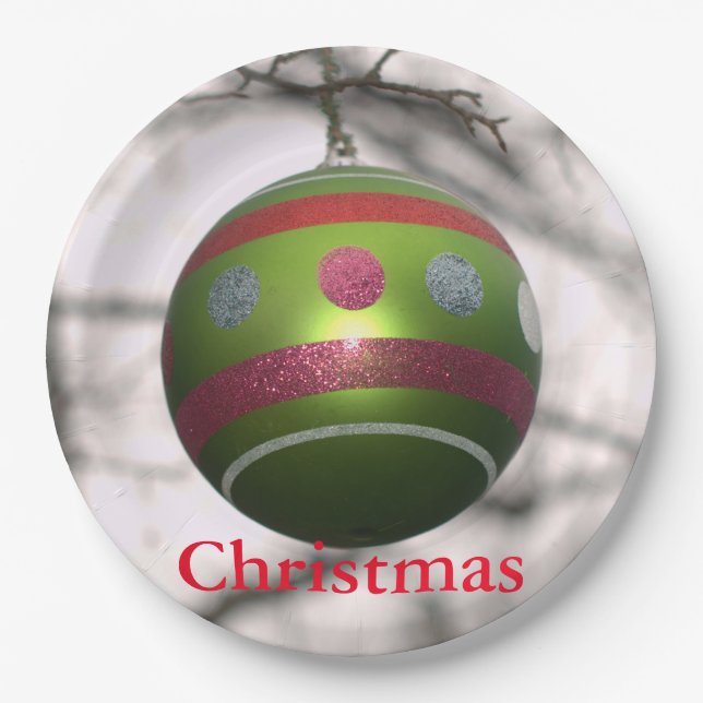 Green Red Striped Ornament Ball Paper Plate (Front)