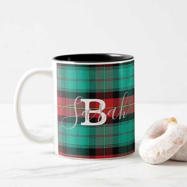 Green & Red Tartan Chequered Monogram Name Two-Tone Coffee Mug (With Donut)