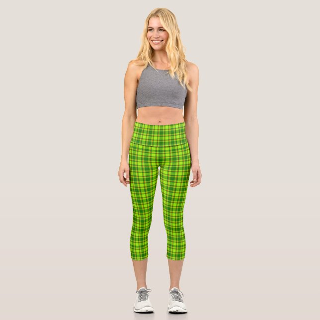 Green Red Tartan Chequered Plaid Pattern-55788 Capri Leggings (Front)