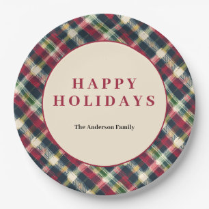 Green Red Tartan Plaid Custom Christmas Holiday Paper Plate