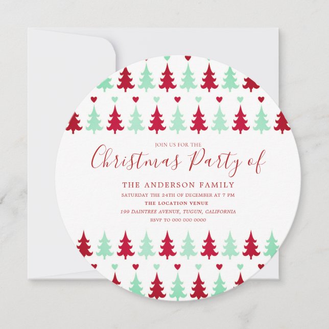 Green & Red Tree Pattern Christmas Party Circle Invitation (Front)