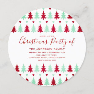 Green & Red Tree Pattern Christmas Party Circle Invitation