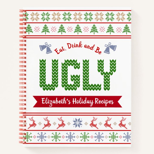 Green Red Ugly Christmas Sweater Recipe Cookbook Notebook (Front)