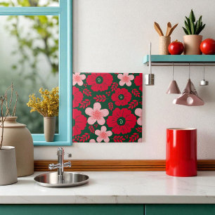 Green Red Watercolor Floral Ceramic Tile