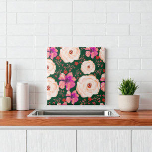 Green Red Watercolor Floral Ceramic Tile