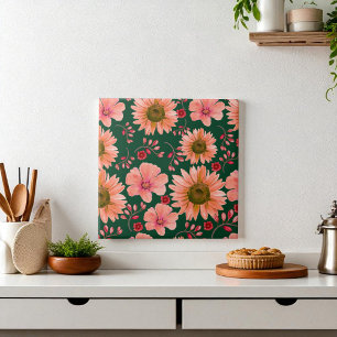 Green Red Watercolor Floral Ceramic Tile