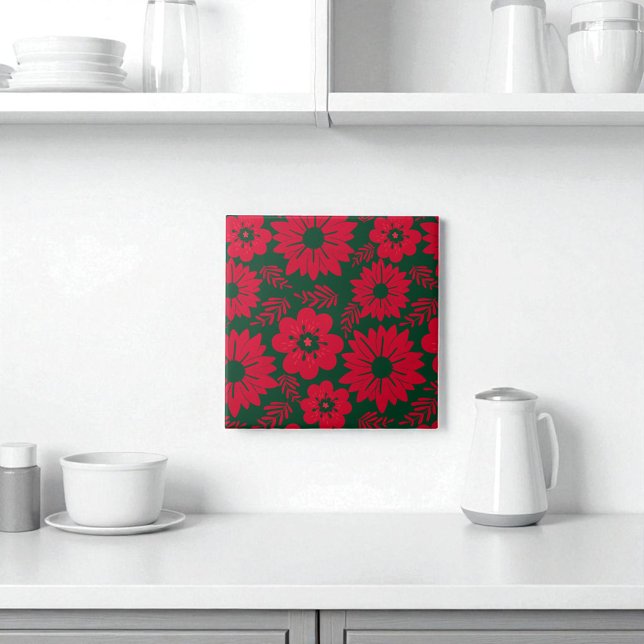 Green Red Watercolor Floral Ceramic Tile (Creator Uploaded)