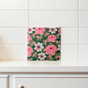 Green Red Watercolor Floral Ceramic Tile