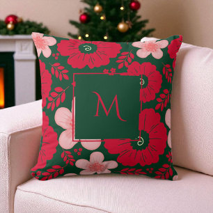 Green Red Watercolor Floral Script Cushion