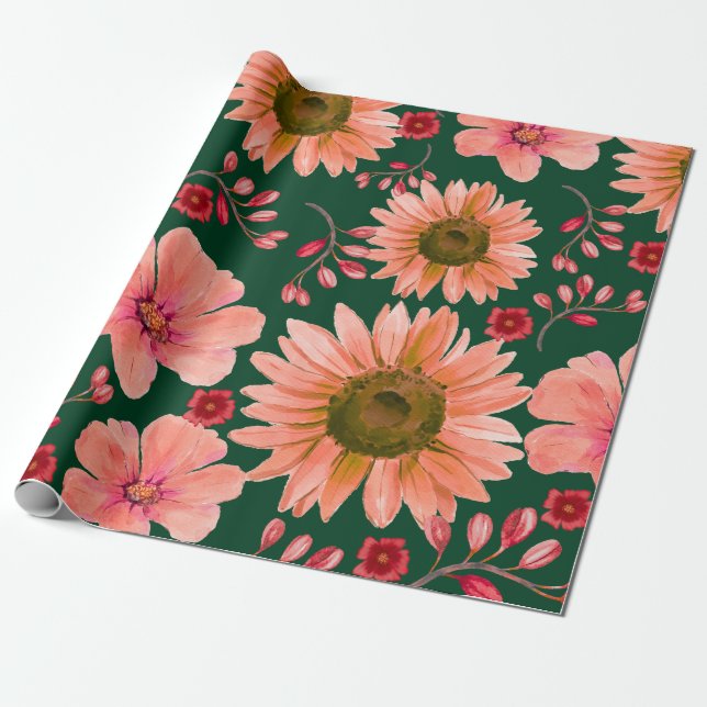 Green Red Watercolor Floral Wrapping Paper (Unrolled)