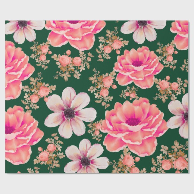 Green Red Watercolor Floral  Wrapping Paper (Flat)