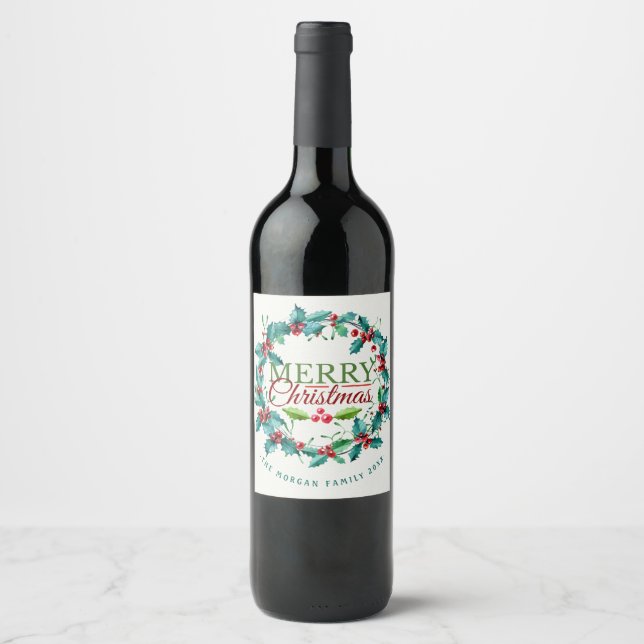 Green Red Watercolor Holly Wreath Merry Christmas Wine Label (Front)