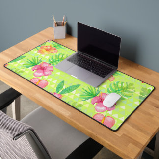 GREEN & RED WATERCOLOR TROPICAL LEAVES & HIBISCUS DESK MAT