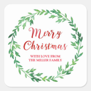 Green Red Watercolor Wreath Merry Christmas Square Sticker